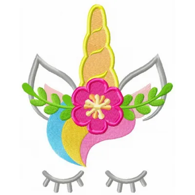 Preview of a whimsical unicorn embroidery design adorned with a colorful flower wreath for creative stitching projects.