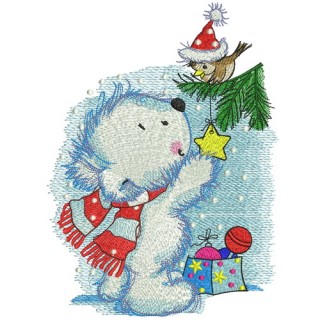 Polar bear decorates New Year tree embroidery design - Embroidery Design