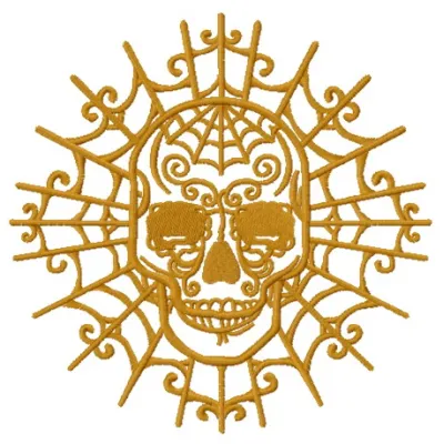 Skull with decorative web embroidery design featuring intricate details, perfect for creative stitching projects.