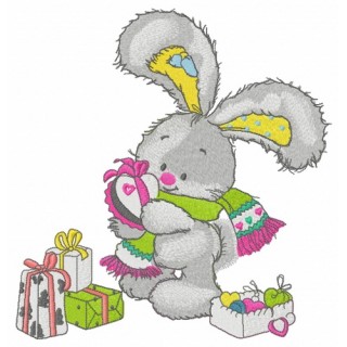 Bunny opens gifts embroidery design - Embroidery Design