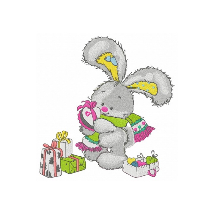 Bunny opens gifts embroidery design - Embroidery Design