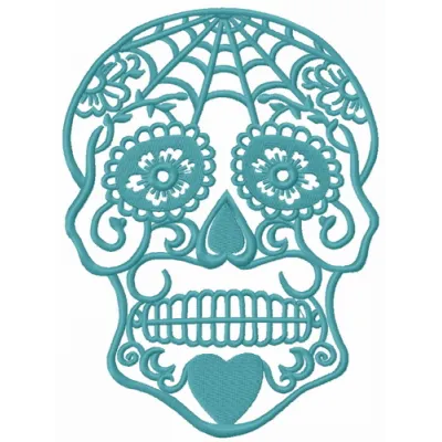 Swirl skull embroidery design showcasing intricate details, ideal for embellishing t-shirts and accessories.