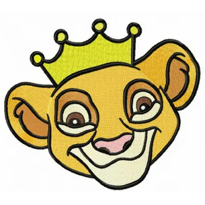 Embroidery design of Simba wearing a golden crown, inspired by The Lion King, perfect for various fabric projects.