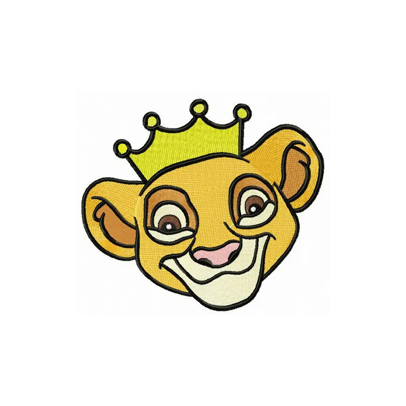 Embroidery design of Simba wearing a golden crown, inspired by The Lion King, perfect for various fabric projects.