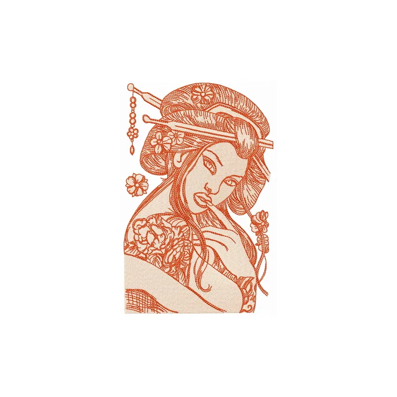Seductive geisha embroidery design showcasing intricate details, perfect for adding charm to garments and accessories.