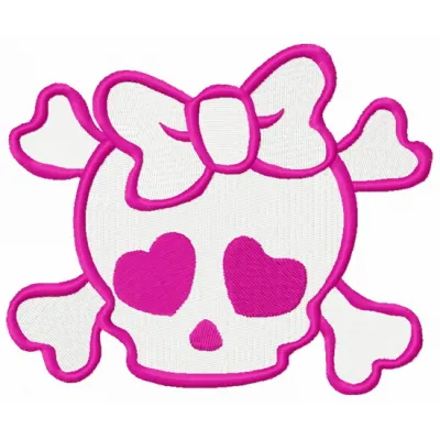 Preview of a girl's skull with crossed bones embroidery design, showcasing intricate details for creative stitching projects.