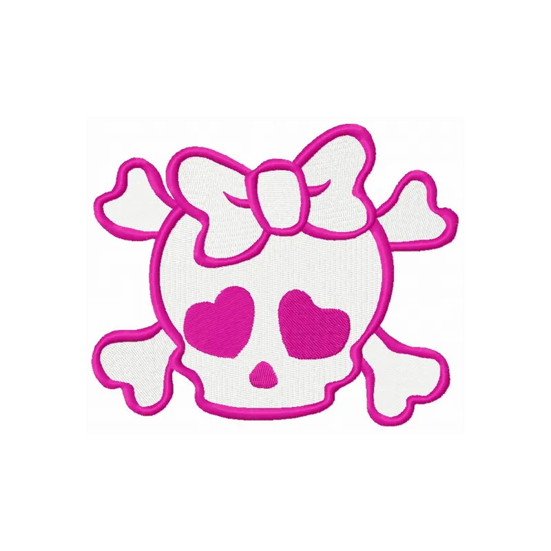 Preview of a girl's skull with crossed bones embroidery design, showcasing intricate details for creative stitching projects.