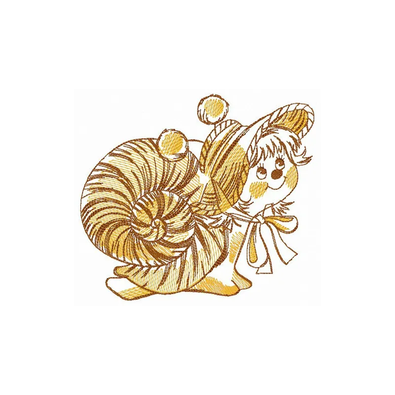 Tiger snail embroidery design featuring a whimsical snail with tiger stripes, perfect for creative stitching projects.