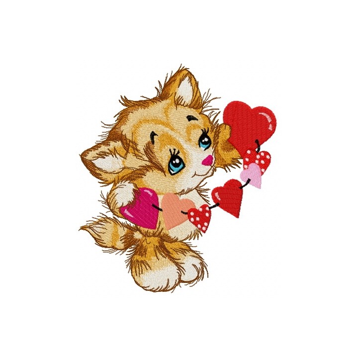 Kitten with garland of hearts embroidery design - Embroidery Design