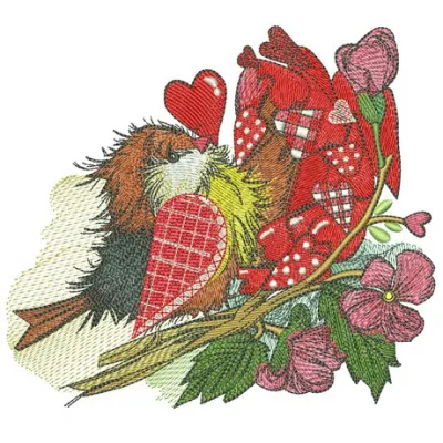 European robin embroidery design featuring a Valentine's theme, ideal for crafting unique gifts and home decor.