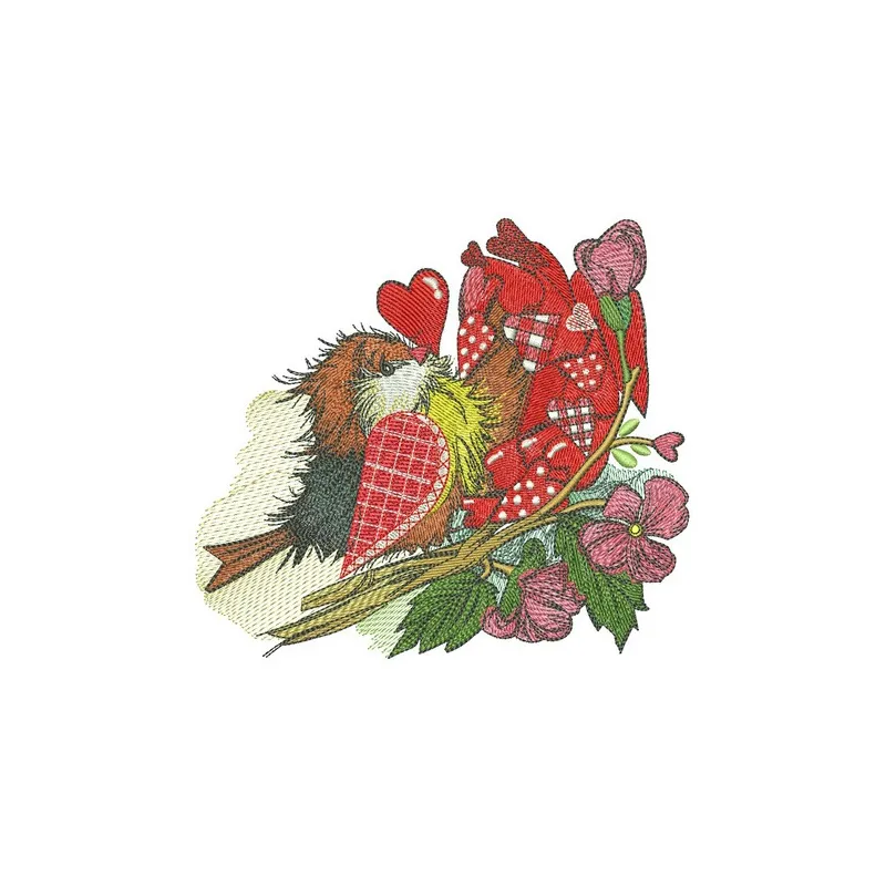European robin embroidery design featuring a Valentine's theme, ideal for crafting unique gifts and home decor.