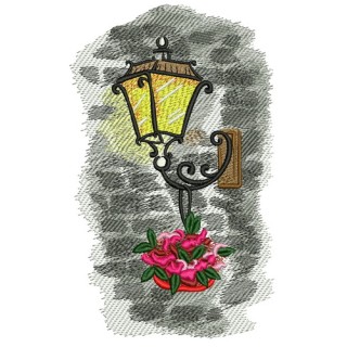 Lantern on stone wall embroidery design - Embroidery Design