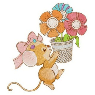 Mousekin with flower pot embroidery design - Embroidery Design