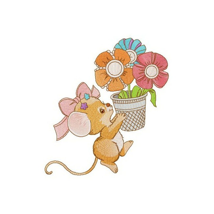 Mousekin with flower pot embroidery design - Embroidery Design