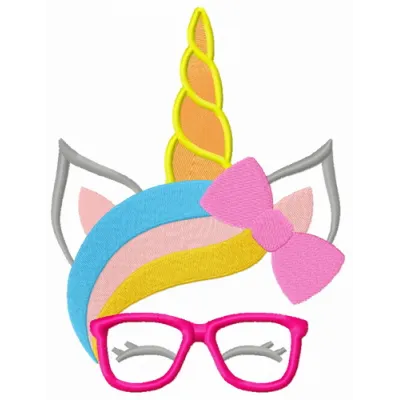 Whimsical unicorn with glasses embroidery design for creative stitching on t-shirts, tote bags, and more.