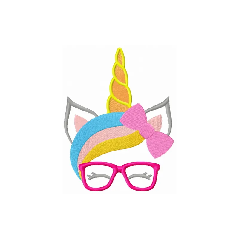 Whimsical unicorn with glasses embroidery design for creative stitching on t-shirts, tote bags, and more.