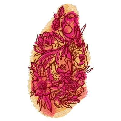 Squirrel and bird embroidery design featuring woodland animals, perfect for decorating t-shirts or tote bags.