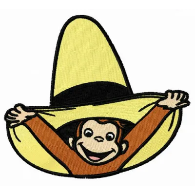 Curious George wearing a hat embroidery design featuring a playful monkey motif for creative stitching projects.