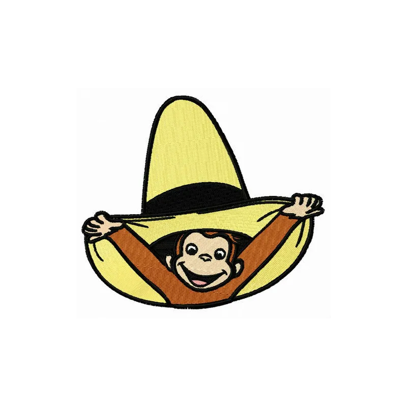 Curious George wearing a hat embroidery design featuring a playful monkey motif for creative stitching projects.