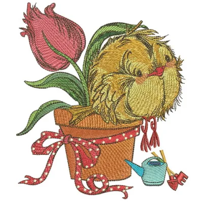 Birdie and tulip embroidery design featuring a charming bird perched beside a vibrant tulip, perfect for your projects.