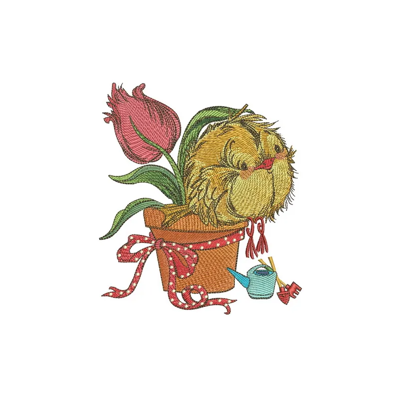 Birdie and tulip embroidery design featuring a charming bird perched beside a vibrant tulip, perfect for your projects.