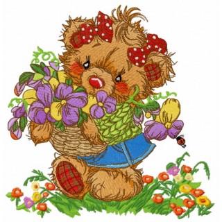Teddy bear collecting flowers embroidery design - Embroidery Design