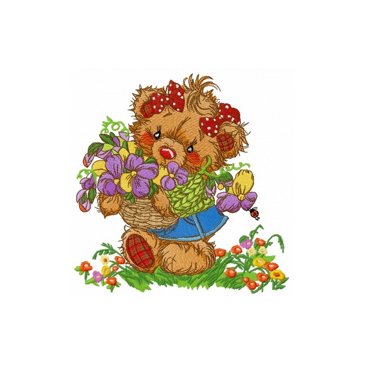 Teddy bear collecting flowers embroidery design - Embroidery Design