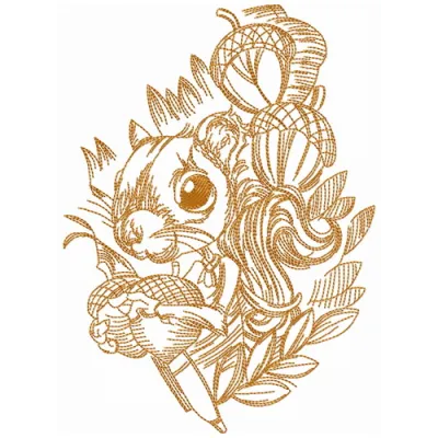 Embroidery design featuring a cute squirrel holding nuts, perfect for woodland-themed projects.