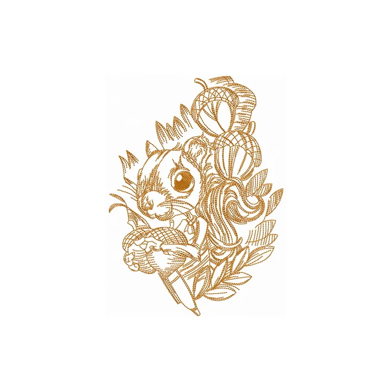 Embroidery design featuring a cute squirrel holding nuts, perfect for woodland-themed projects.