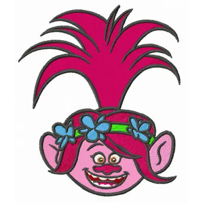 Troll Poppy embroidery design showcasing vibrant colors and playful details for creative stitching projects.