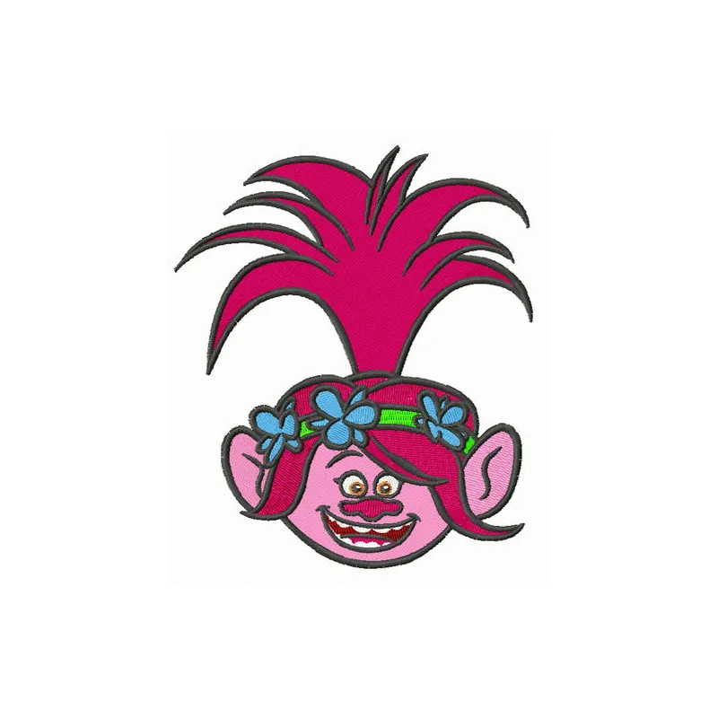 Troll Poppy embroidery design showcasing vibrant colors and playful details for creative stitching projects.