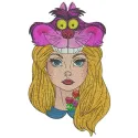 Alice with Cheshire cat hat embroidery design featuring whimsical characters from Alice in Wonderland.