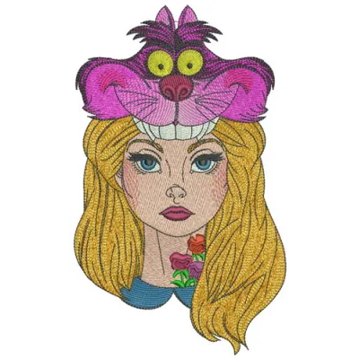 Alice with Cheshire cat hat embroidery design featuring whimsical characters from Alice in Wonderland.