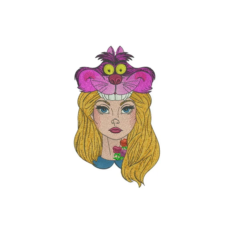 Alice with Cheshire cat hat embroidery design featuring whimsical characters from Alice in Wonderland.