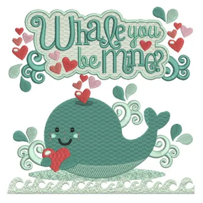 Whale you be mine? embroidery design featuring a playful whale motif, perfect for sea life enthusiasts.
