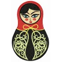 Black and red matryoshka doll embroidery design, showcasing intricate details ideal for crafting on various fabric items.