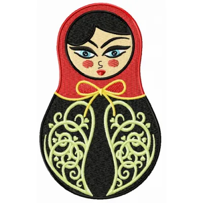 Black and red matryoshka doll embroidery design, showcasing intricate details ideal for crafting on various fabric items.