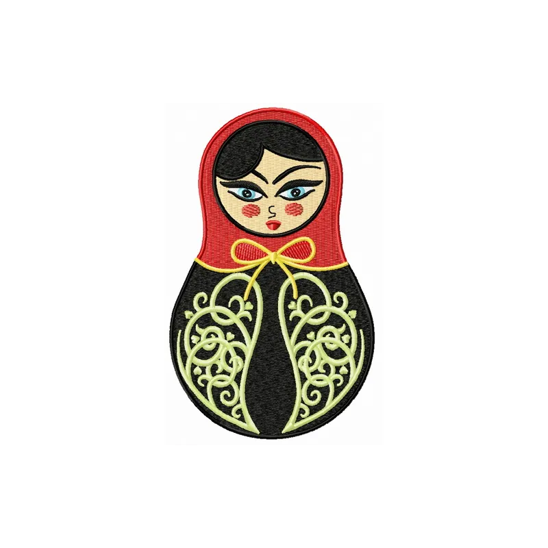 Black and red matryoshka doll embroidery design, showcasing intricate details ideal for crafting on various fabric items.