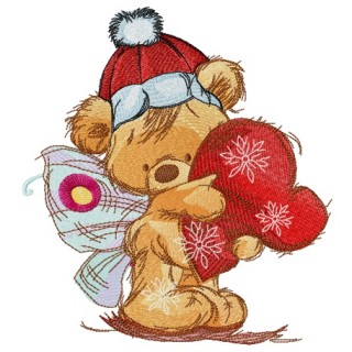 Christmas bear fairy with heart pillow embroidery design - Embroidery Design