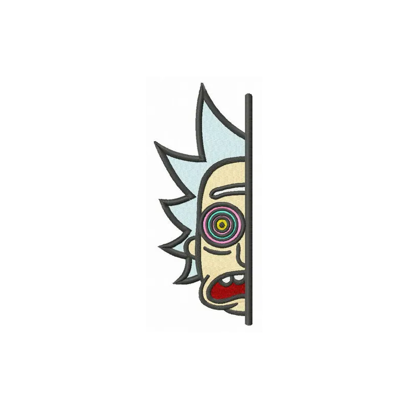 Hypnotic Rick half face embroidery design showcasing intricate details, perfect for personalizing apparel and accessories.