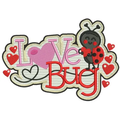 Love bug badge embroidery design featuring a cute insect motif, ideal for embellishing clothing and accessories.