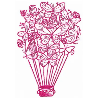 Preview of a butterfly hot air balloon embroidery design featuring colorful stitched motifs for various projects.