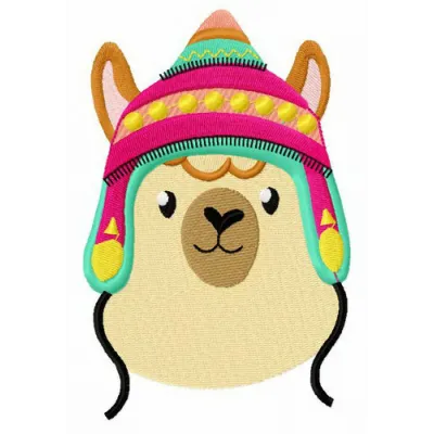 Alpaca embroidery design featuring a vibrant, colorful hat, ideal for stitching on tote bags or hoodies.