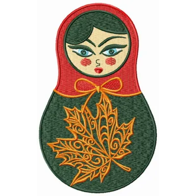 Preview of autumn matryoshka doll embroidery design, showcasing intricate stitching patterns on a vibrant doll.