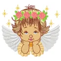 Embroidery design of a blonde angel adorned with a wreath of roses, ideal for various projects.