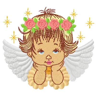 Embroidery design of a blonde angel adorned with a wreath of roses, ideal for various projects.
