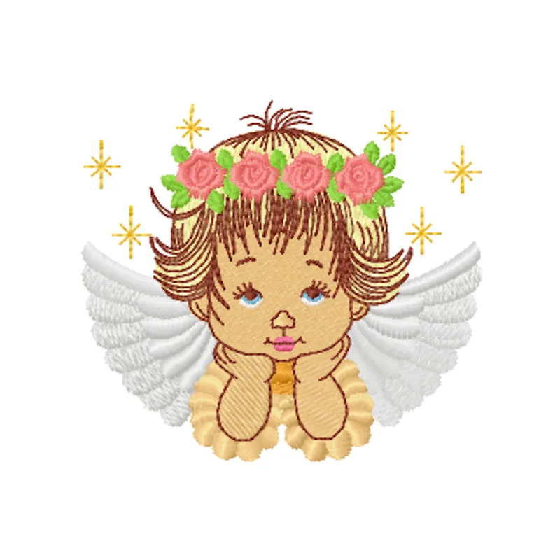 Embroidery design of a blonde angel adorned with a wreath of roses, ideal for various projects.