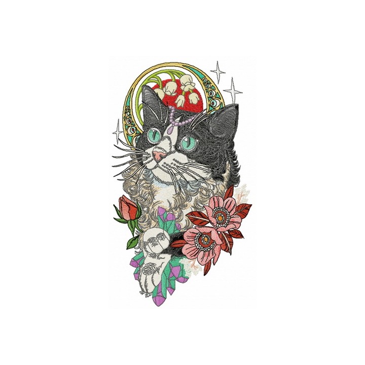 Rich black and white cat embroidery design - Embroidery Design