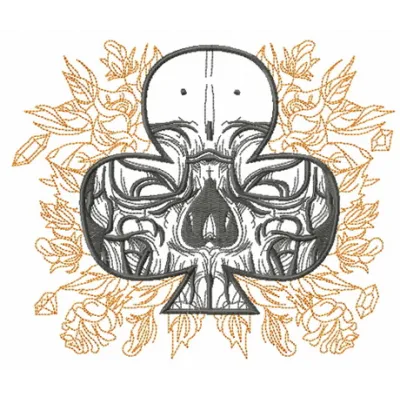 Clubs with skull embroidery design showcased on a denim jacket, highlighting intricate stitching details.