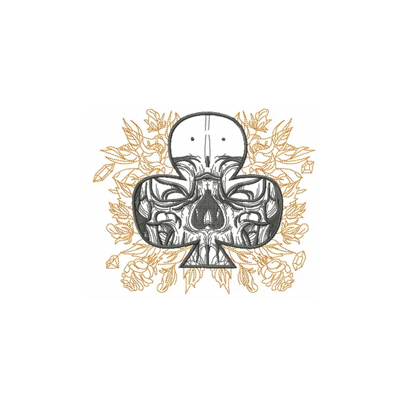 Clubs with skull embroidery design showcased on a denim jacket, highlighting intricate stitching details.